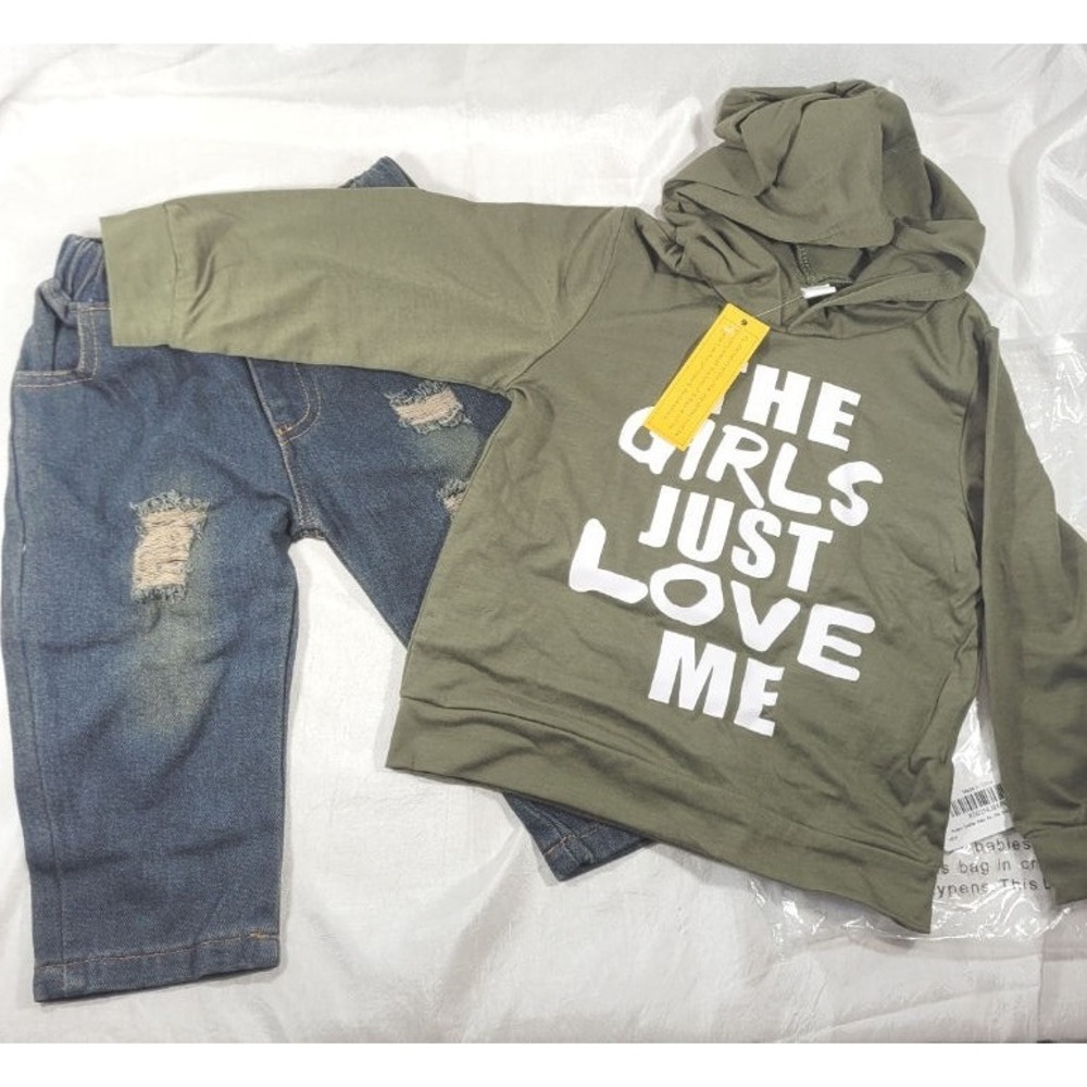 Boy's Toddler 'The Girls Just Love Me' Green Hoodie & Distressed Jeans - 2T/3T